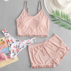 swim set: tankini top, bikini bottoms, shorts